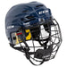 Blue helmet with yellow/black padding and black cage