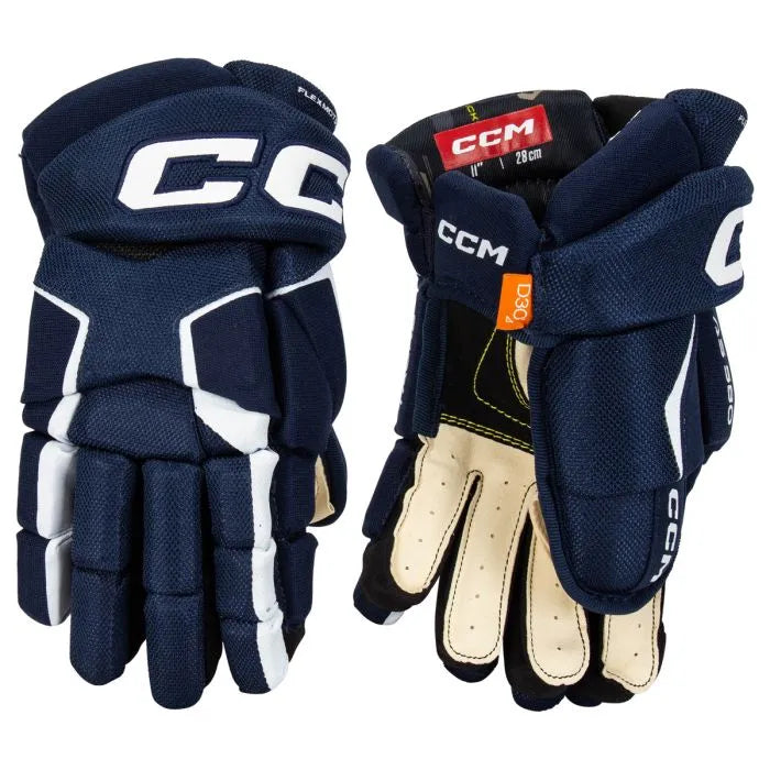 Blue gloves with white detail and off-white lining