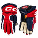 Blue and red gloves with white detail and off-white lining