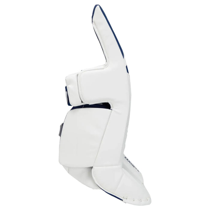 white goalie leg pad with blue details