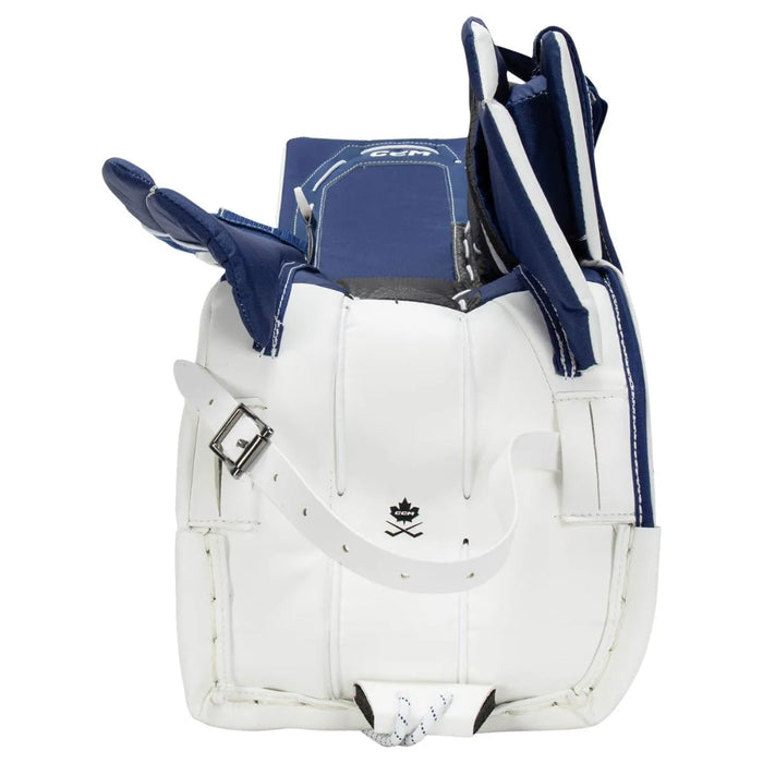 white goalie leg pad with blue lining