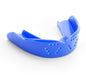A blue custom fit mouthguard designed for sports protection, featuring variable material thickness and pre-shaped form.