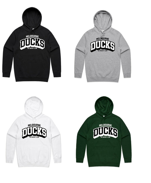 Black, grey, white and green hoodies with Melbourne ducks text