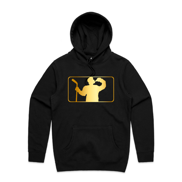 black hoodie with beer league logo