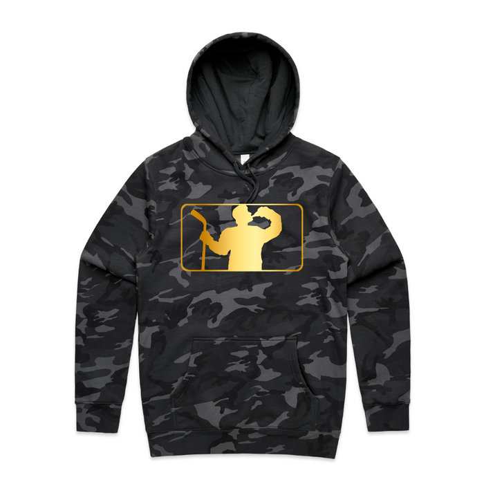 black camo hoodie with beer league logo