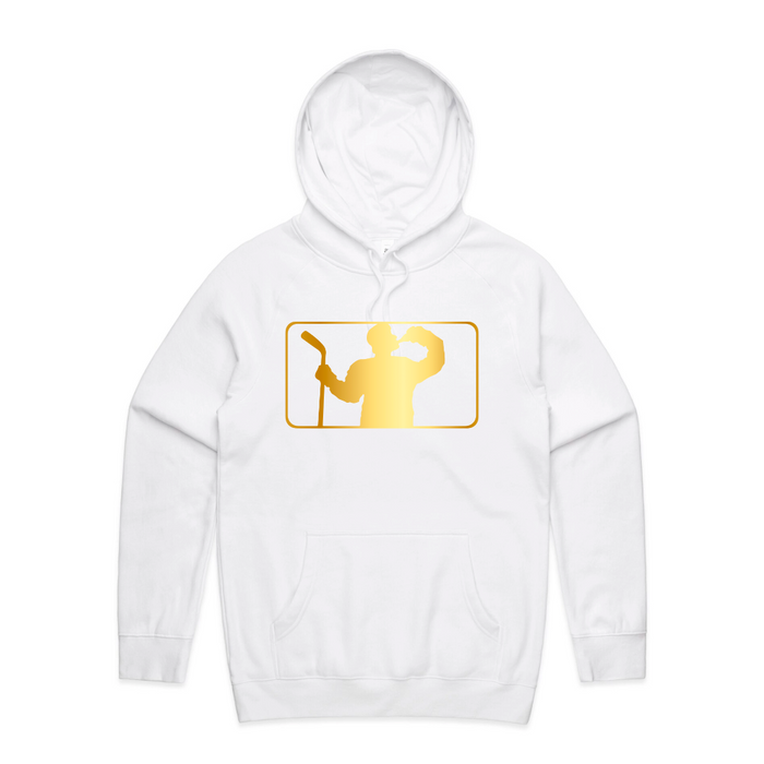 white hoodie with beer league logo