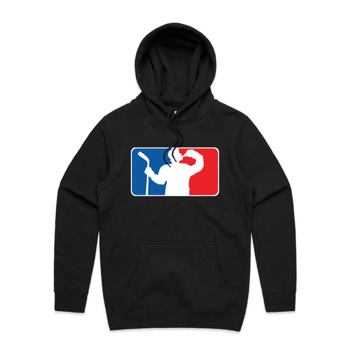 black hoodie with beer league logo