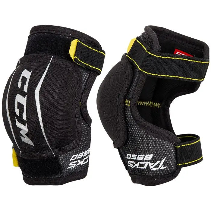 Black elbow pads with white text