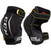Black elbow pads with white text