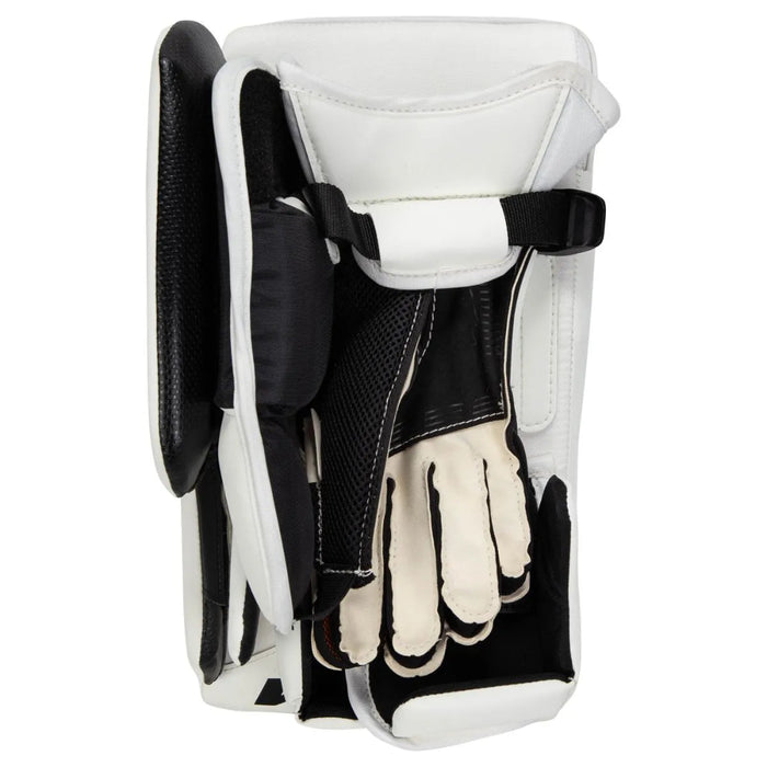 white goalie blocker with black lining