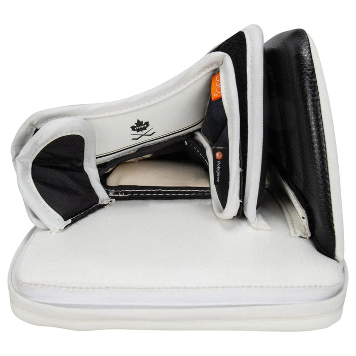 white goalie blocker with black lining