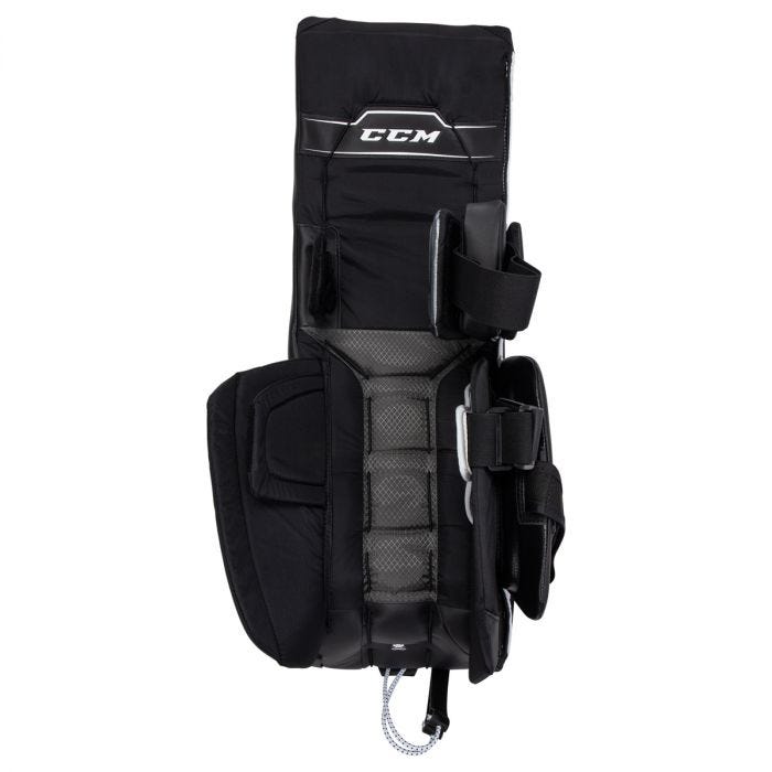 Black goalie leg pads with white text