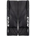 Black goalie leg pads with white text