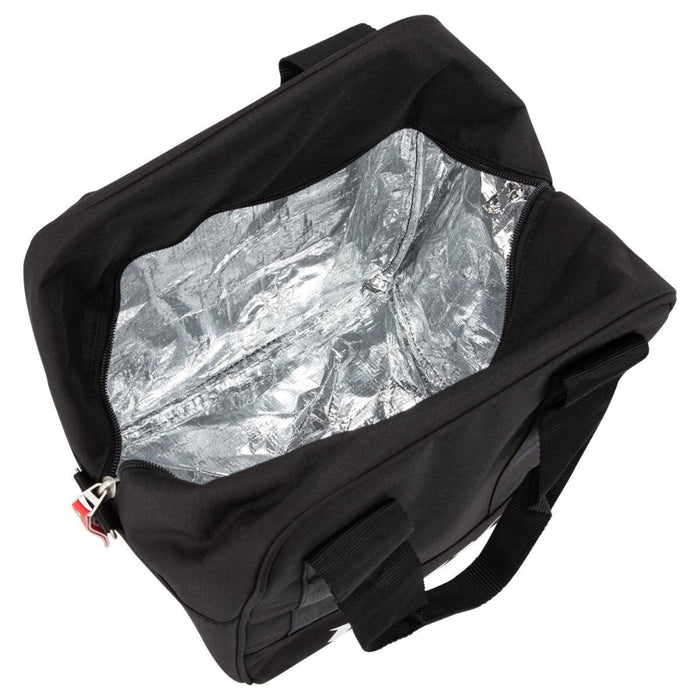 Black puck bag with silver lining