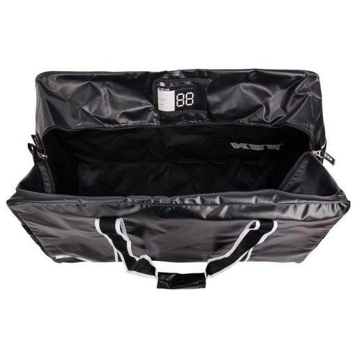 Black hockey gear bag with white detail