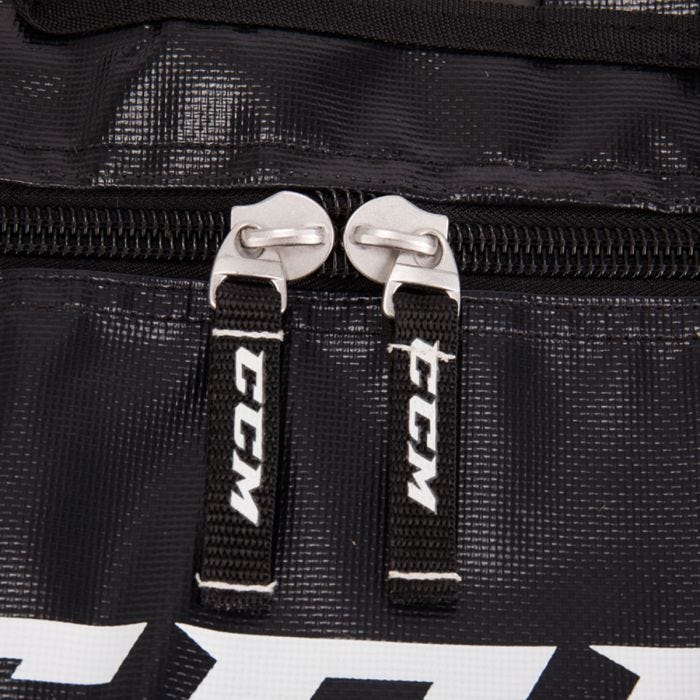 Black hockey gear bag with white detail