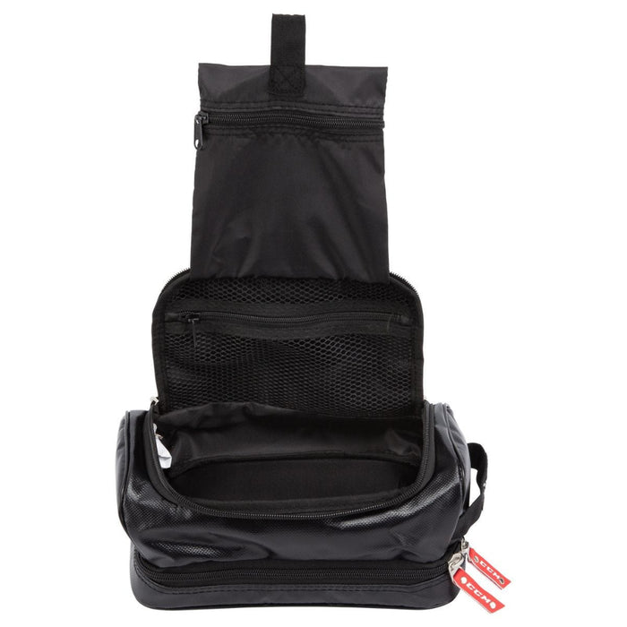 Black toiletry bag with red zip tags and black lining