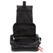 Black toiletry bag with red zip tags and black lining