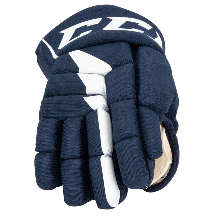 Blue gloves with white detail and off white lining
