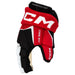 Black and red gloves with white detail and off-white lining