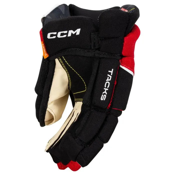 Black and red gloves with white detail and off-white lining