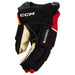 Black and red gloves with white detail and off-white lining