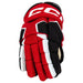 Black and red gloves with white detail and off-white lining