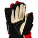 Black and red gloves with white detail and off-white lining