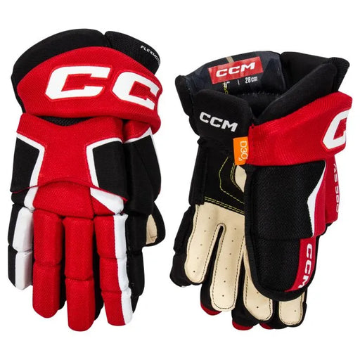 Black and red gloves with white detail and off-white lining