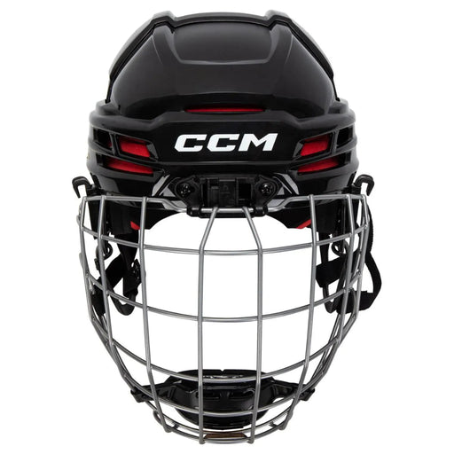 black helmet with red padding and silver cage