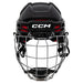 black helmet with red padding and silver cage