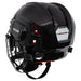 black helmet with red padding and silver cage