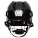 black helmet with red padding and silver cage