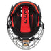 black helmet with red padding and silver cage