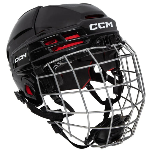 black helmet with red padding and silver cage