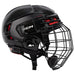 black helmet with red padding and black cage