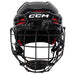 black helmet with red padding and black cage