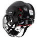 black helmet with red padding and black cage