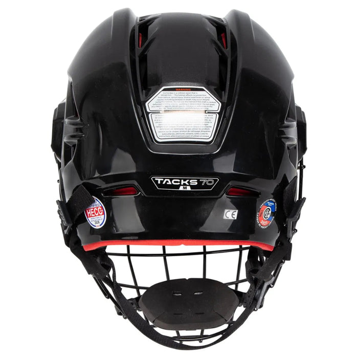 black helmet with red padding and black cage