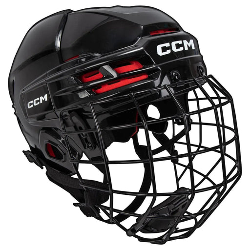 black helmet with red padding and black cage