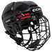 black helmet with red padding and black cage