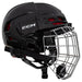 black helmet with red padding and silver cage