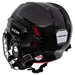 black helmet with red padding and silver cage