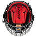 black helmet with red padding and silver cage