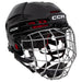 black helmet with red padding and silver cage