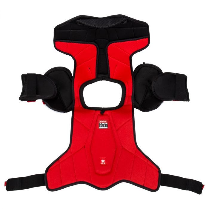 Black shoulder pad with white and red detail and red lining