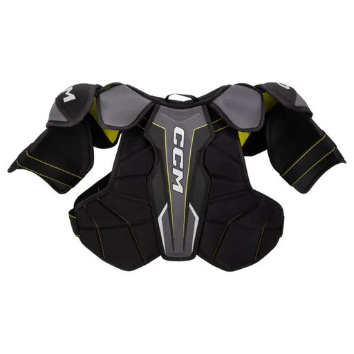 grey shoulder pads with yellow detail and yellow lining