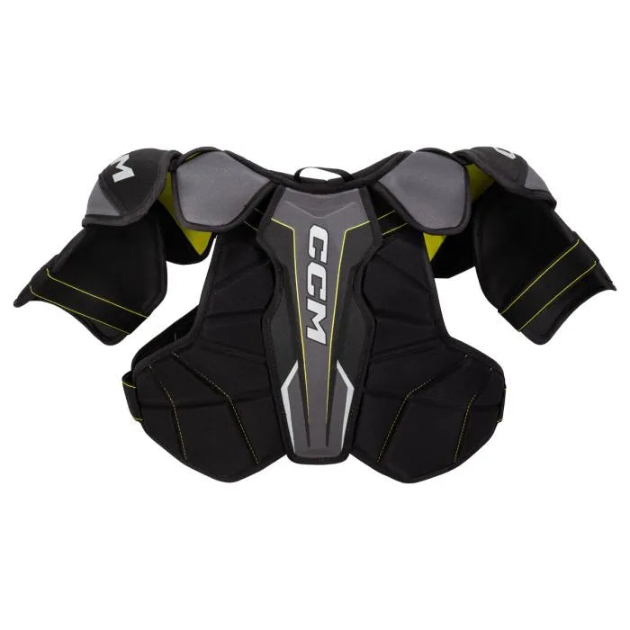 grey shoulder pads with yellow detail and yellow lining