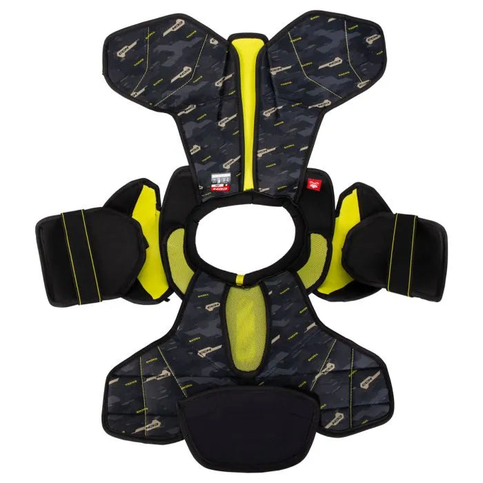 grey shoulder pads with yellow detail and yellow lining