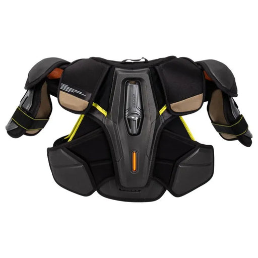Black shoulder pads with orange detail and lining